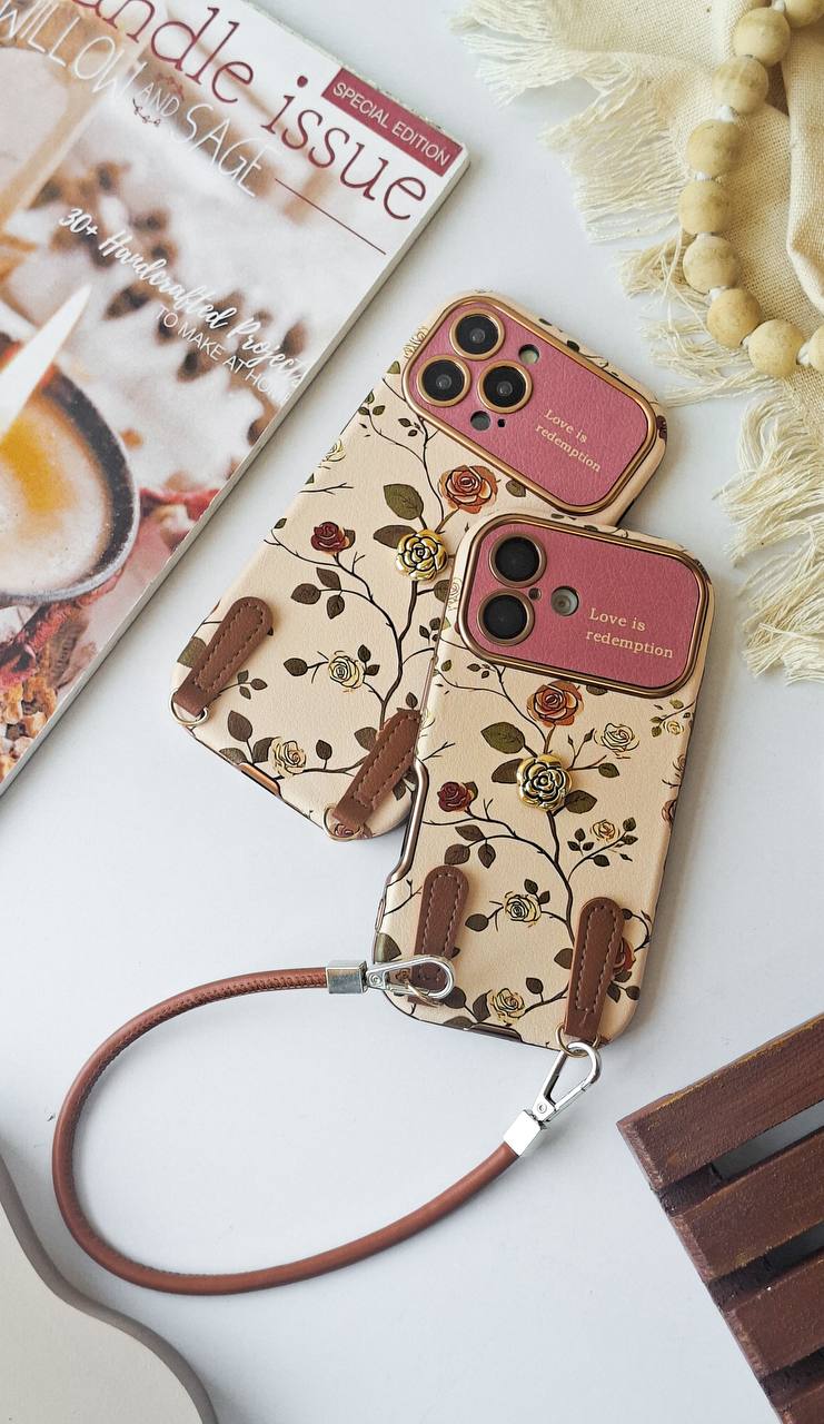 کاور قاب مدل rose رز به همراه بند مناسب برای ایفون iphone 13/13pro/13promax/14promax/15promax/16/16pro/16promax/17/17pro/17promax